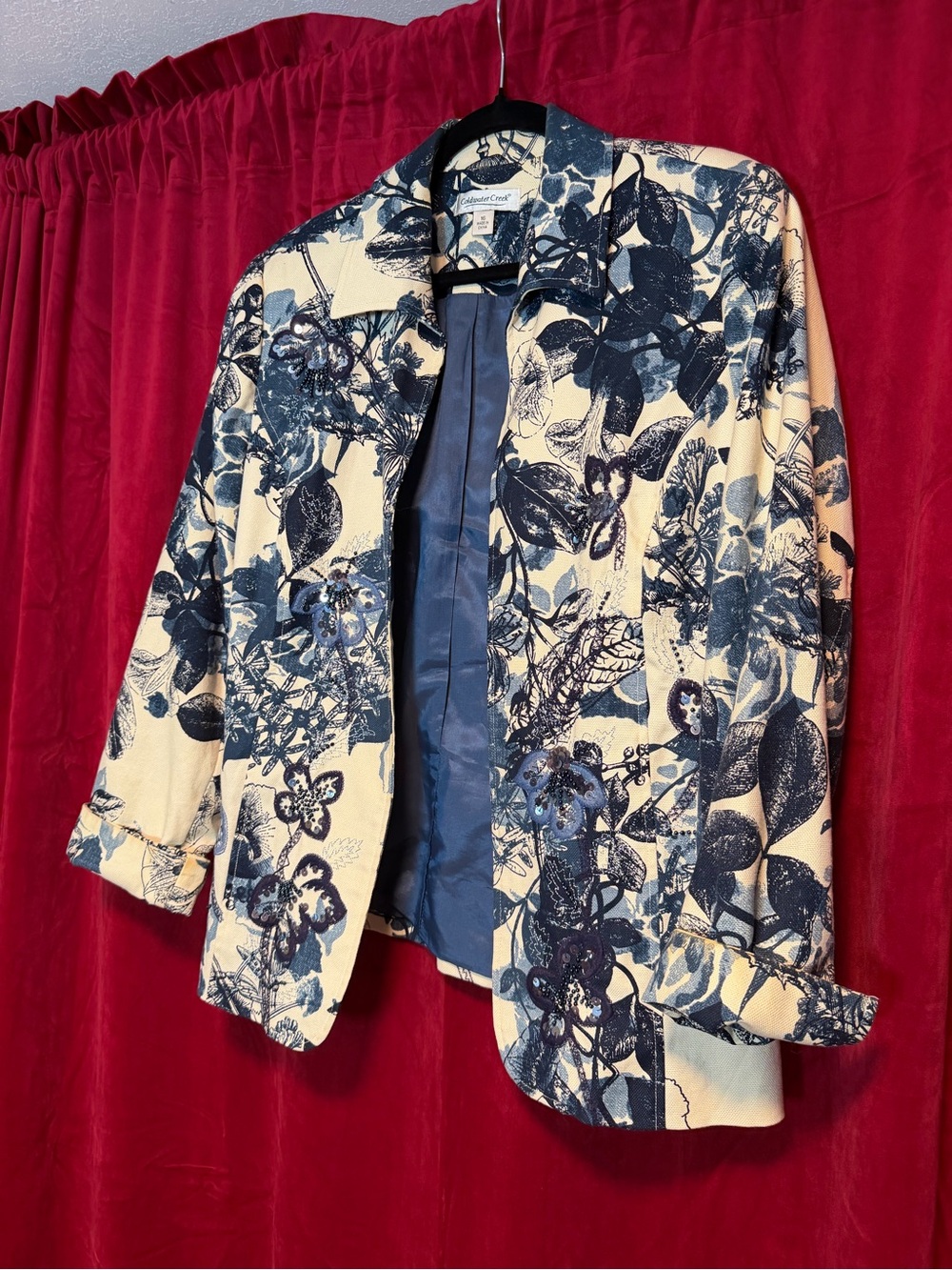 Coldwater Creek Cream Blazer with Navy Floral Print
